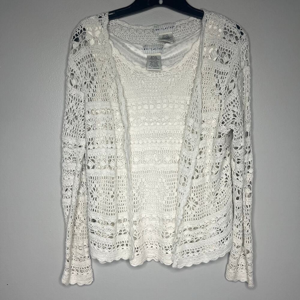 VTG White Stag Crochet Knit Sweater Set S Ivory Tank & Cardigan Cottage Y2K Boho